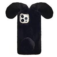 Bonitec Compatible with iPhone 13 Pro Max Bunny Case for Girls, Luxury Fur Cute Warm Handmade Rabbit Furry Fuzzy Fluffy Soft 3D Ear Rabbit Fur Hair Plush Ball Protective Case Cover for Women Black