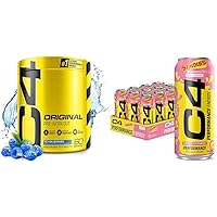 Cellucor C4 Original Pre Workout Powder ICY Blue Razz & C4 Energy Drink, Starburst Strawberry, Carbonated Sugar Free Pre Workout Performance Drink with no Artificial Colors or Dyes, Pack of 12