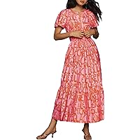 Women's Floral Boho Dress Short Sleeve High Waist Ruffle Tiered Summer Maxi Dress Vneck Swing Dress