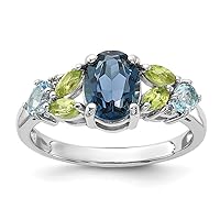 925 Sterling Silver Rhodium London Lite Swiss Blue White Topaz and Peridot Ring Measures 2.23mm Wide Jewelry Gifts for Women - Ring Size Options: 6 7 8