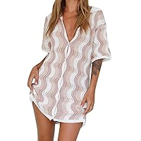 Women Button Down Shirt Dress Casual Summer Wave Stripe Knitted Short Sleeve Mini Party Dress for Beach Streetwear