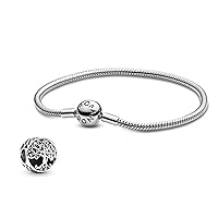 Pandora Jewelry Bundle with Gift Box - Moments Sterling Silver Bangle Charm Bracelet with Ball Clasp, 7.9