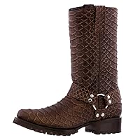 TEXAS LEGACY Mens Brown Motorcycle Leather Boots Cowboy Snake Python Print