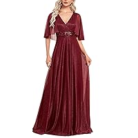 Women Wedding Party Short Sleeve Sequin Formal Evening Dress Prom V-Neck Ruffles Chiffon Red Gown