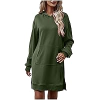 Women Fall Winter Hoodies Dresses Loose Fit Side Slit Sweatshirt Dress with Hood Long Pullover Pocket Hoodie Tops