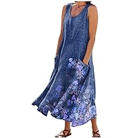 Summer Dresses for Women Beach Floral Tshirt Sundress Sleeveless Round Neck Dress Active Spring Modern Wrap Breathable Gown