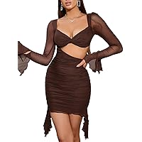 Colysmo Women's Sexy Long Sleeve Bodycon Party Dress Cut Out Backless Ruched Mini Club Dresses