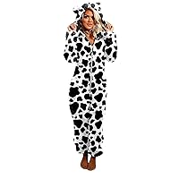 Women Cute Leopard Sherpa Romper Pjs Fleece Onesie Pajama One-Piece Zip Up Hooded Jumpsuit Plush Sleepwear Playsuits