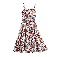 Red Floral Printing Chiffon Square Collar Sleeveless Women's Dress Summer Bohemia Mid-Calf Slip Dresses for Women