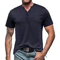 Mens Basic Solid Color T Shirts Casual Button Crewneck Solid Color Short Sleeve Pullover Tops Comfy Cotton Tees
