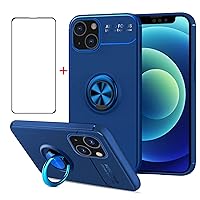 iPhone 13 Mini Case + Screen Protector Tempered Glass Phone Case Cover Silicone Ring Grip Holder Kickstand Carbon Fiber Shell Shockproof 5.4-Inch, Blue