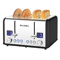 Toaster 4 Slice, KitchMix Bagel Stainless Toaster with LCD Timer, Extra Wide Slots, Dual Screen, Removal Crumb Tray (Black)