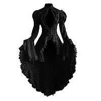 Women Vintage Victorian Lace Dress Coat Gothic Halloween Cosplay Flare Sleeve Swallowtail Costume High Low Court Gown