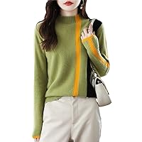 Ladies 100% Merino Wool Sweater Half Turtleneck Pullover Autumn Winter Colorblock Striped Knit Bottoming Shirt