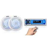 Pyle Marine Speakers and Bluetooth Stereo Radio Bundle - 5.25 Inch Waterproof Outdoor Audio System with LED Lights and 12v in Dash Receiver with Built-in Mic