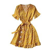Women Vintage Sweet Heart Print Ruffle Mini Dress V Neck Short Sleeves Belted Skater Short Dress