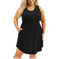 Women Sleeveless Loose Plain Casual Plus Size Midi Dress with Pockets Ruched Elastic Waist A-Line Flowy Sundress