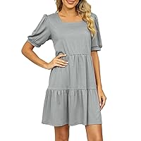 Cocktail Dresses for Women 2024 Solid Color Classic Casual Tunic with Short Sleeve Square Neck Summer Dress