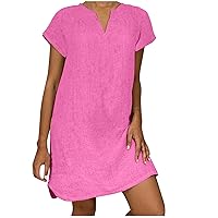 Cotton Linen Dress for Women V Neck Short Sleeve Tunic Sundress Lightweight Soft T-Shirt Dresses Solid Mini Dress