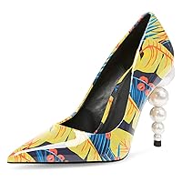FSJ Slip On Pearls Beaded High Heels Slip On Pump Pointed Toe Mirror Effect Shiny Party Club Shoe for Women 4-15 US