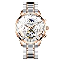 Men Analog Automatic Self Winding Mechanical Skeleton Wrist Watch with Stainless Steel/Leather Band Moon Phase Luminous