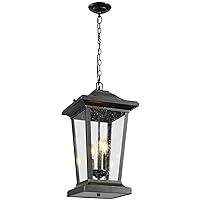 Large Outdoor Pendant Light, 3-Light Outdoor Chandelier, Retro Exterior Hanging Lantern, Hanging Outdoor Light Fixture for Porch, Seeded Glass Sheet with Matte Black Finish