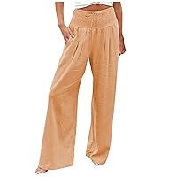 Women's Cotton Linen Loose Fit Palazzo Pants Casual High Waist Stretchy Wide-Leg Trousers with Pockets