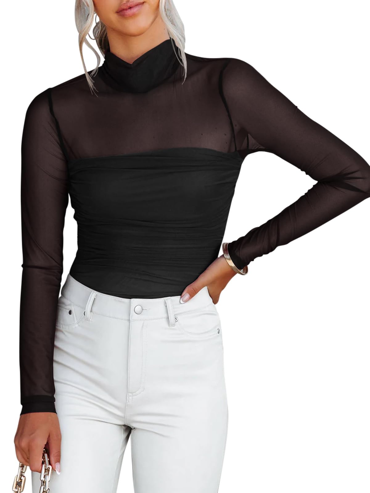 REORIA Women’s Sexy Mock Turtle Neck Long Sleeve Sheer Mesh Ruched Going Out Bodysuits Tops