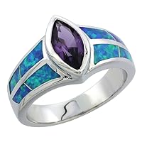 Sterling Silver Blue Synthetic Opal Marquise Ring for Women Amethyst CZ Bezel Set 7/16 inch