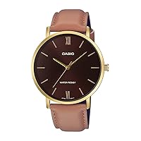 Casio MTP-VT01GL-5B Men's Minimalistic Gold Tone Brown Leather Band Burgundy Dial 3-Hand Analog Watch