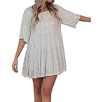 Sparkly Dresses for Women Glitter Sequin Homecoming Dress Short Sleeve A-Line Swing Tunic Dress Disco Party Concert