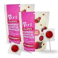 PRI Manuka Honey Lollipops with Propolis, Certified MGO 300+ - Throat Soothing, Strawberry Flavor, (24 Lollipops, 5.46oz)