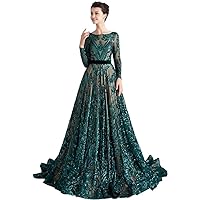 Womens Sequin Long Sleeves Formal Evening Dress Luxurious Chapel Train Prom Party Gowns
