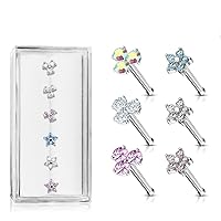 6 Pcs of Three Prong Set Round CZ Triangle and Five CZ Flower Top 316L Surgical Steel 20ga Nose Stud Rings Gem Box Package