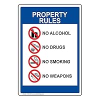 ComplianceSigns.com Property Rules No Alcohol No Drugs No Smoking No Weapons Label Decal, 7x5 inch Vinyl for Alcohol/Drugs/Weapons, Made in USA