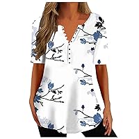 Women's Floral Tunic Tops Casual Dressy Blouse V Neck Short Sleeve Buttons Up T-Shirts Flowy Workout Blouses