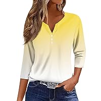 3/4 Length Sleeve Womens Tops, Trendy V Neck Button Short Sleeve Henley Shirts Casual Loose Comfy Tunic Clothes