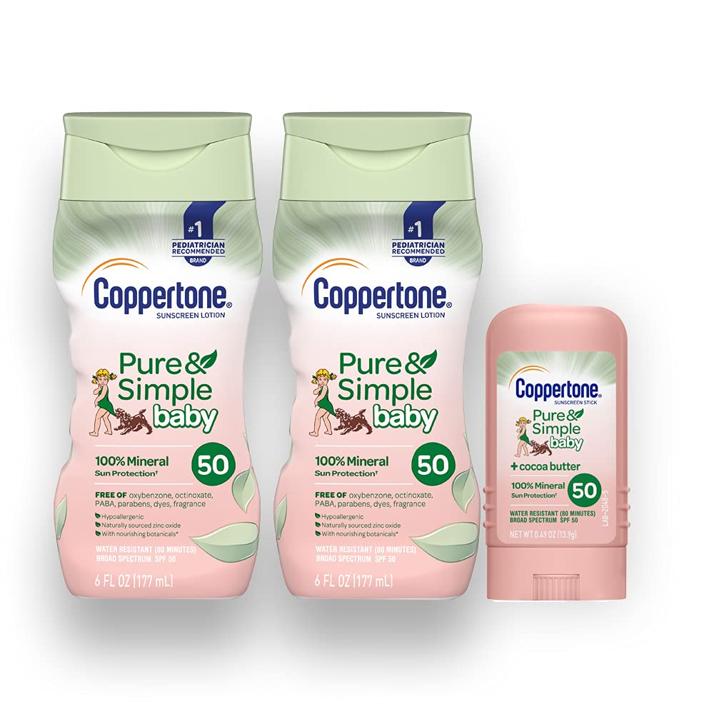 Coppertone Pure & Simple Baby SPF 50 Mineral Based Sunscreen Lotion + Stick Sunscreen Multi-pack (6-Fluid Ounce Bottle, Pack of 2 + 0.49 Ounce Stick) (Package may vary)