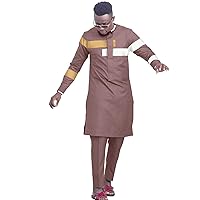 African Clothing for Men Dashiki Splicing Design Long Sleeve Loose Casual Shirt and Pant 2 Piece Set