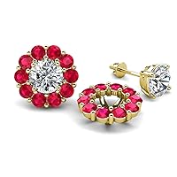 Round Ruby 2.10 ctw Halo Jackets for Stud Earrings in 14K Gold