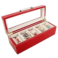 SANZIE Wooden Watch Box for 5 Sets Watch Display Case Luxury Watch Organizer for Women 11 x 3.9 x 3.5 Inch Red