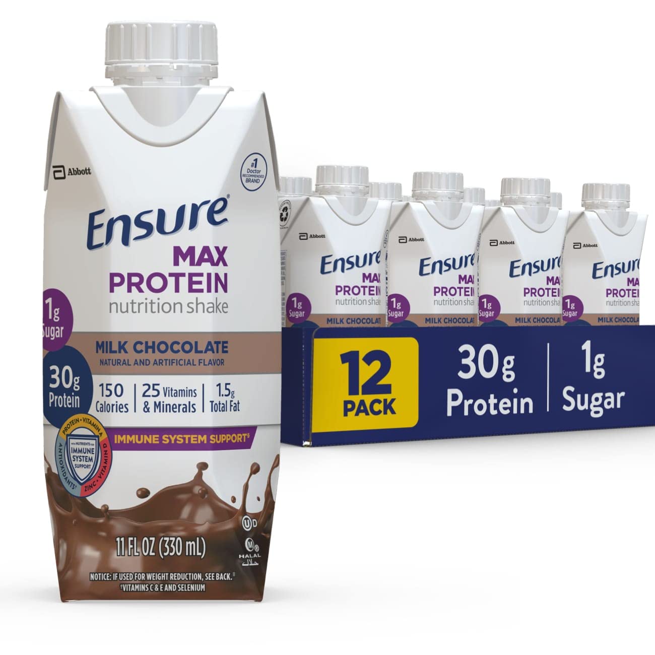 Ensure Max Protein Nutrition Shake with 30g of Protein & Max High Protein Nutrition Shake Milk with 30g of Protein 1g of Sugar, Chocolate w/Caffeine, 11 Fl Oz (Pack of 12)