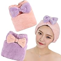 KON Microfiber Hair Towel 2 Pack, Hair Towel with Ribbon, Fast Drying Hair Turban Towel for Women, Quick Absorbent Hair Drying Towel Wrap for Wet, Purple + Pink
