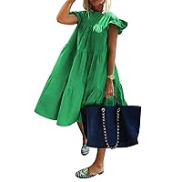 Dresses for Women 2024 Summer Crewneck Ruffle Cap Short Sleeve Side Pockets Mini Dress Sundress Flowy Beach Dress