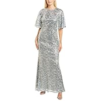 JS Collections Women's Sequin V-Neck Cape Gown with Metallic Lace Overlay