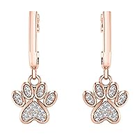 14K Rose Gold Plated 925 Sterling Silver 0.30 Ct Round Cut White Diamond Dog Paw Drop & Dangle Earrings For Women's