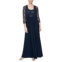S.L. Fashions Women's Long Sequin Lace Two Piece Jacket and Sleeveless Dress