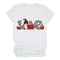 Womens Leopard Gnome Love Letter Graphic T-Shirt Valentines Day Casual Short Sleeve Tee Shirt Cute Crewneck Tops