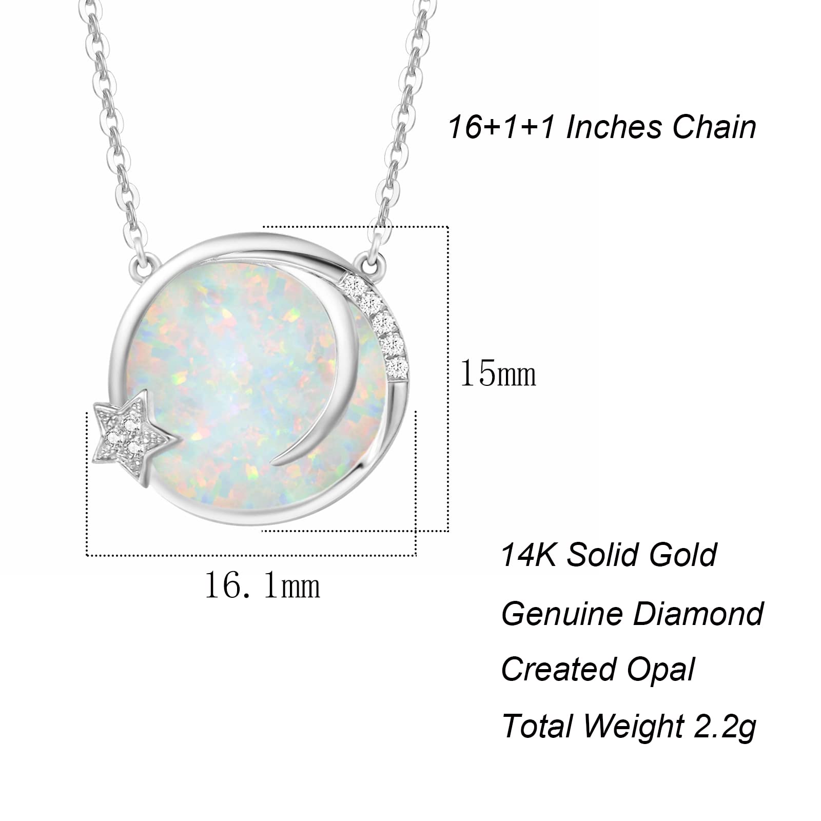 FANCIME 14K Solid Gold Round Mother of Pearl Opal Disc Coin Moon Star Necklace with Natural White Diamonds Fine Delicate Jewelry Anniversary Christmas Holiday Gifts for Women Girls