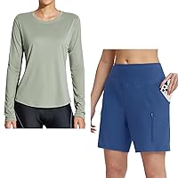 BALEAF Women's Sun Shirts with 7 Inch Athletic Shorts (Green & Blue Size M)